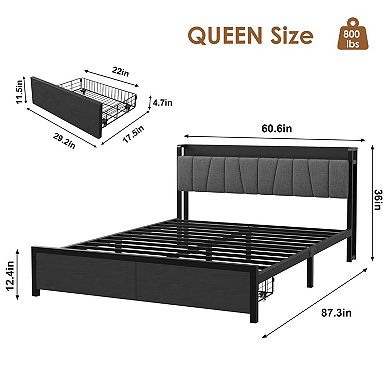 Bed Frame with 2 Storage Drawers and Headboard with Charging Station, No Box Spring Needed