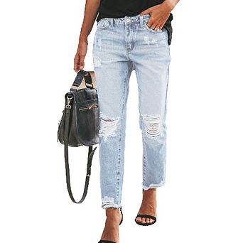 Women's High Waist Distressed Straight Leg Jeans Frayed Hem Denim Pants