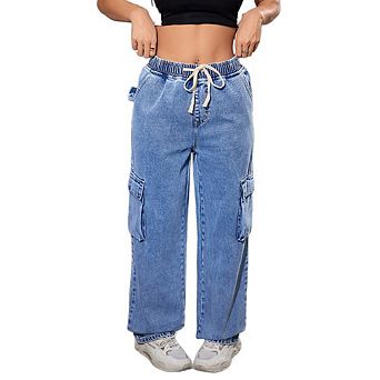 Women's Drawstring Elastic Waist Denim Cargo Pants Wide Leg Casual Utility Trousers