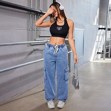 Women's Drawstring Elastic Waist Denim Cargo Pants Wide Leg Casual Utility Trousers