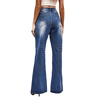 Women's High Waist Leg Jeans Vintage Wash Denim Casual Pants
