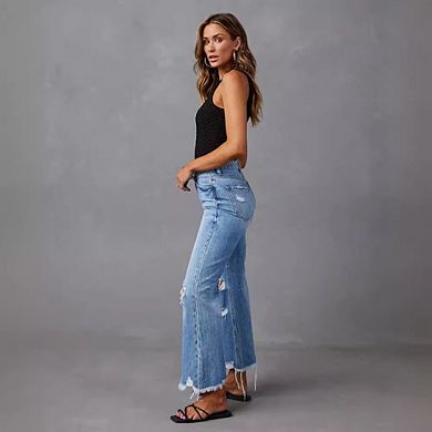 Women's High Waist Distressed Wide Leg Jeans Frayed Hem Denim Pants