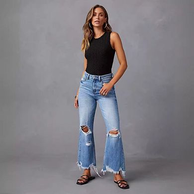Women's High Waist Distressed Wide Leg Jeans Frayed Hem Denim Pants