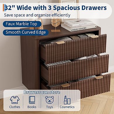 Fluted Nightstand,Modern 3 Drawer Bedside Table with Faux Marble Top,End Table with Curved Design