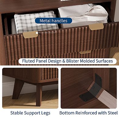 Fluted Nightstand,Modern 3 Drawer Bedside Table with Faux Marble Top,End Table with Curved Design