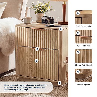 23'' Fluted Nightstand, Mid Century Night Stand with 2 Drawers, Metal Handle & Charging Station