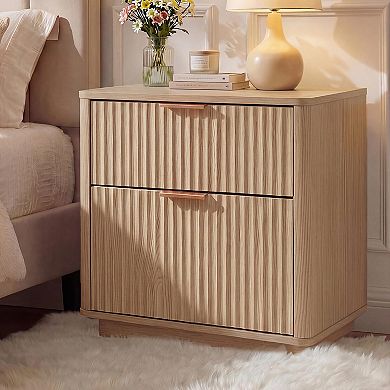23'' Fluted Nightstand, Mid Century Night Stand with 2 Drawers, Metal Handle & Charging Station