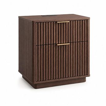 23'' Fluted Nightstand, Mid Century Night Stand with 2 Drawers, Metal Handle & Charging Station