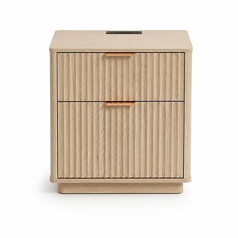 23'' Fluted Nightstand, Mid Century Night Stand with 2 Drawers, Metal Handle & Charging Station