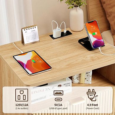 22.8" Bedside Table & Fluted Nightstand with Charging Station Modern Night Stand with Drawers