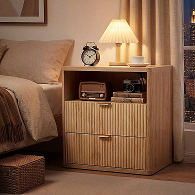 22.8" Bedside Table & Fluted Nightstand with Charging Station Modern Night Stand with Drawers