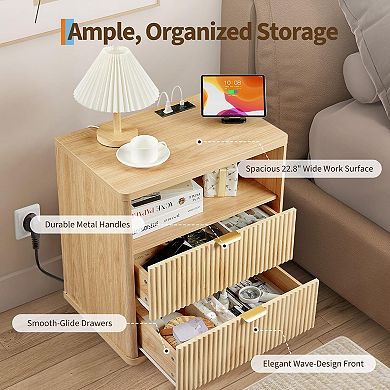 22.8" Bedside Table & Fluted Nightstand with Charging Station Modern Night Stand with Drawers