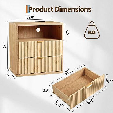 22.8" Bedside Table & Fluted Nightstand with Charging Station Modern Night Stand with Drawers