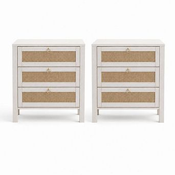 Modern Rattan Bedside Table - White Bedside Table for Bedroom - Wicker Accent