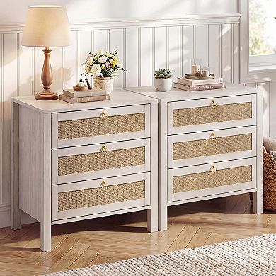 Modern Rattan Bedside Table - White Bedside Table for Bedroom - Wicker Accent