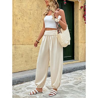 Women's Fold Over Waist Harem Pants with Elastic Ankle Cuffs