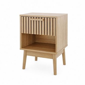 Boho Nightstand with Drawer, Modern Compact Wood Side Table with Open Storage Shelf