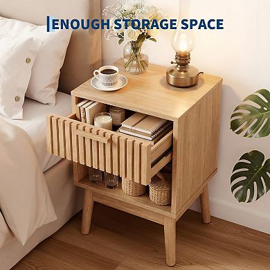 Boho Nightstand with Drawer, Modern Compact Wood Side Table with Open Storage Shelf