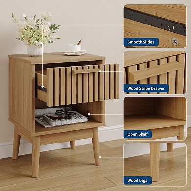 Boho Nightstand with Drawer, Modern Compact Wood Side Table with Open Storage Shelf