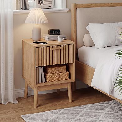 Boho Nightstand with Drawer, Modern Compact Wood Side Table with Open Storage Shelf