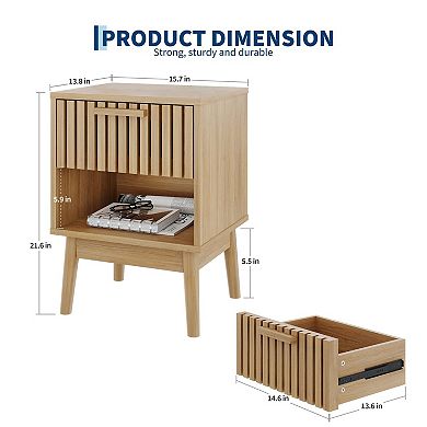 Boho Nightstand with Drawer, Modern Compact Wood Side Table with Open Storage Shelf