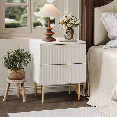 Modern Nightstand with USB Charging Station, Gold & Wood Fluted Bedside Night Stand with 2 Drawers