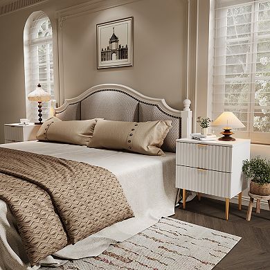 Modern Nightstand with USB Charging Station, Gold & Wood Fluted Bedside Night Stand with 2 Drawers