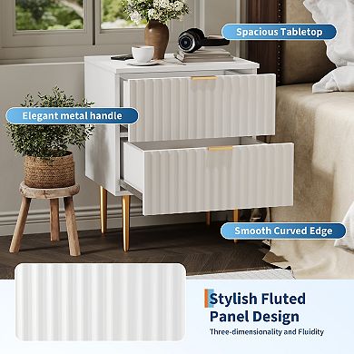Modern Nightstand with USB Charging Station, Gold & Wood Fluted Bedside Night Stand with 2 Drawers