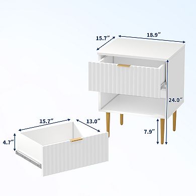 Modern Nightstand with USB Charging Station, Gold & Wood Fluted Bedside Night Stand with 2 Drawers