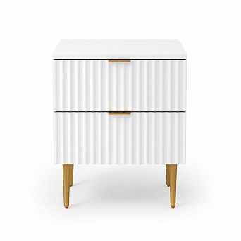 Modern Nightstand with USB Charging Station, Gold & Wood Fluted Bedside Night Stand with 2 Drawers