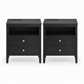 Nightstand Set of 1/2, Night Stand with Charger Station, Night Stand with 2 Drawers & Open Shelf