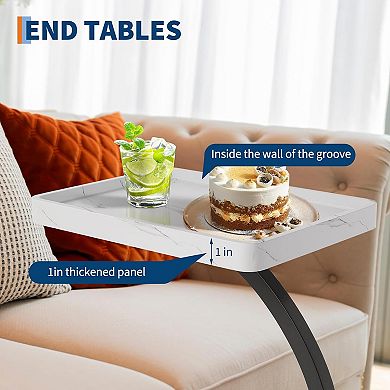 C Shape Side Table with Rolling Wheels, Laptop Side Table Capacity 50Lbs, Small Mobile End Tables