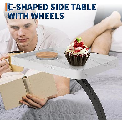 C Shape Side Table with Rolling Wheels, Laptop Side Table Capacity 50Lbs, Small Mobile End Tables