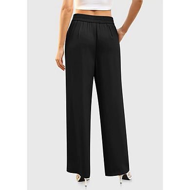Women's High Waist Pleated Wide Leg Work Pants with Button Closure