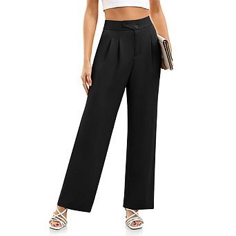 Women's High Waist Pleated Wide Leg Work Pants with Button Closure
