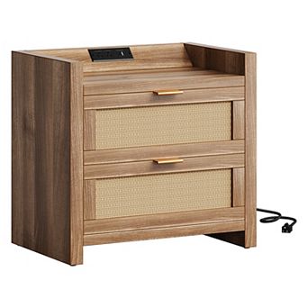 Nightstands Set of 2, Rattan Night Stand with Charging Station and 2 Made Rattan Drawers