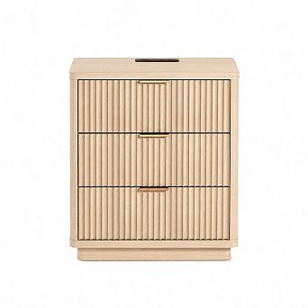 Bedside Cabinet with 3 Spacious Drawers and Built-in Charging Station - Light Wood Bedside Table