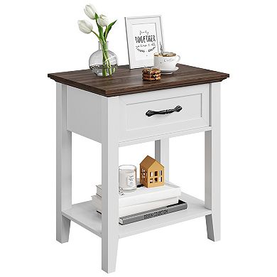 Industrial Wooden bedside table - 2-Tier Slim Bedside Table with Drawer & Open Shelf