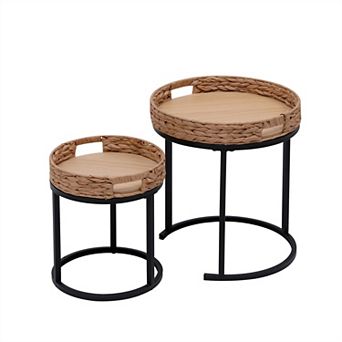 Nesting Tables Set of 2, Small Round Side Tables,Traditional Hand-Woven Nesting Tables