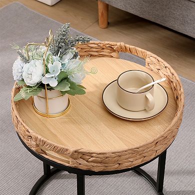 Nesting Tables Set of 2, Small Round Side Tables,Traditional Hand-Woven Nesting Tables