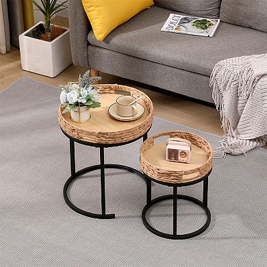 Nesting Tables Set of 2, Small Round Side Tables,Traditional Hand-Woven Nesting Tables