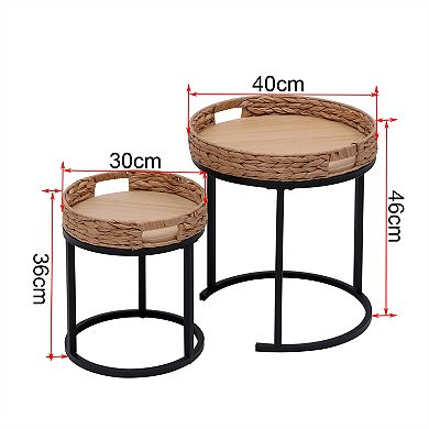 Nesting Tables Set of 2, Small Round Side Tables,Traditional Hand-Woven Nesting Tables