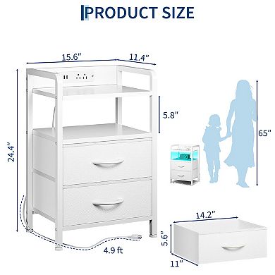 Nightstand with 2 Fabric Drawers and Open Shelf, Metal Frame and MDF Top Bedside Table
