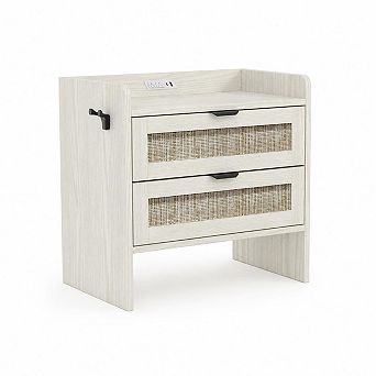 Boho Rattan Bedside Table with Type-C Charging Station 2 Drawers Modern Bedside End Table