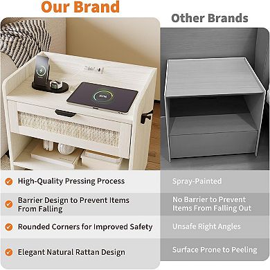 Boho Rattan Bedside Table with Type-C Charging Station 2 Drawers Modern Bedside End Table