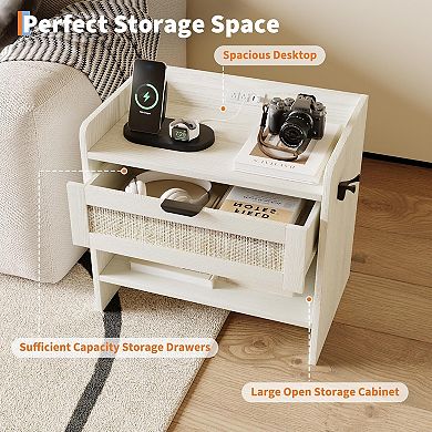 Boho Rattan Bedside Table with Type-C Charging Station 2 Drawers Modern Bedside End Table