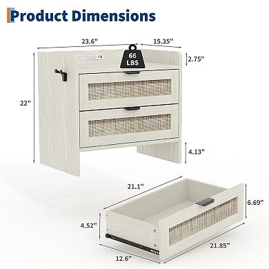 Boho Rattan Bedside Table with Type-C Charging Station 2 Drawers Modern Bedside End Table