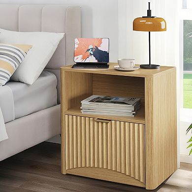 Fluted Nightstand Set of 2, Mid Century Modern Nightstand with Drawer and Storage
