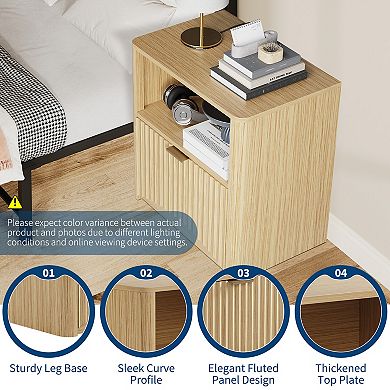 Fluted Nightstand Set of 2, Mid Century Modern Nightstand with Drawer and Storage