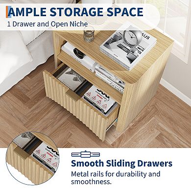 Fluted Nightstand Set of 2, Mid Century Modern Nightstand with Drawer and Storage